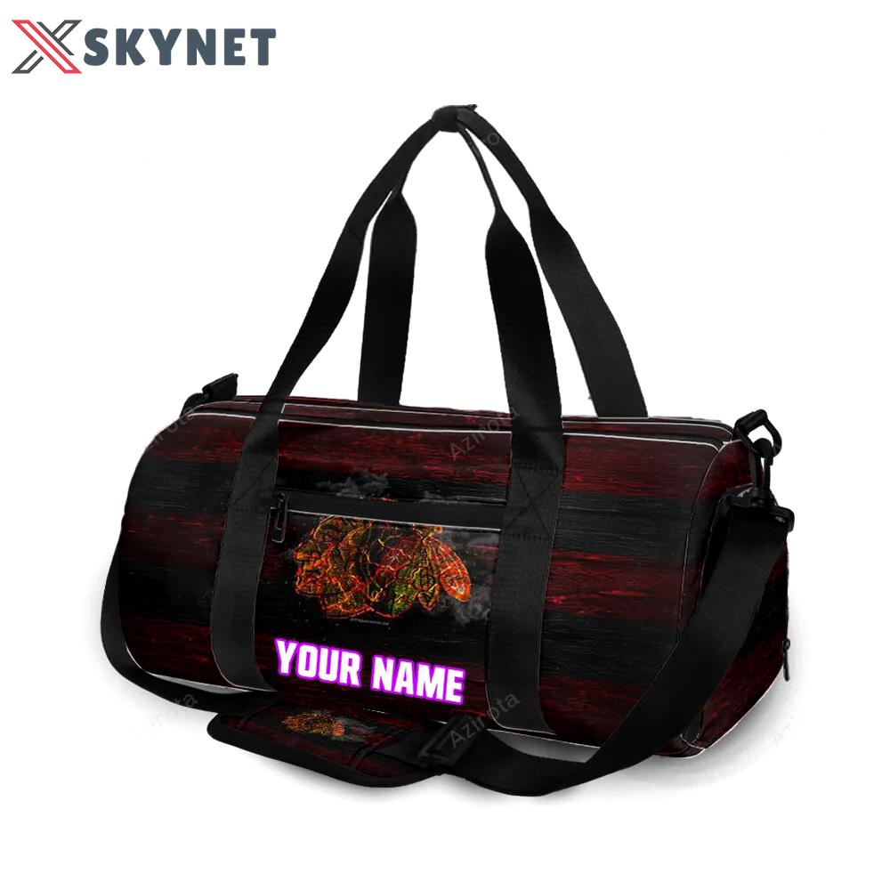 Chicago blackhawks emblem wood burning personalized name travel bag gym bag 320 Travel Bag
