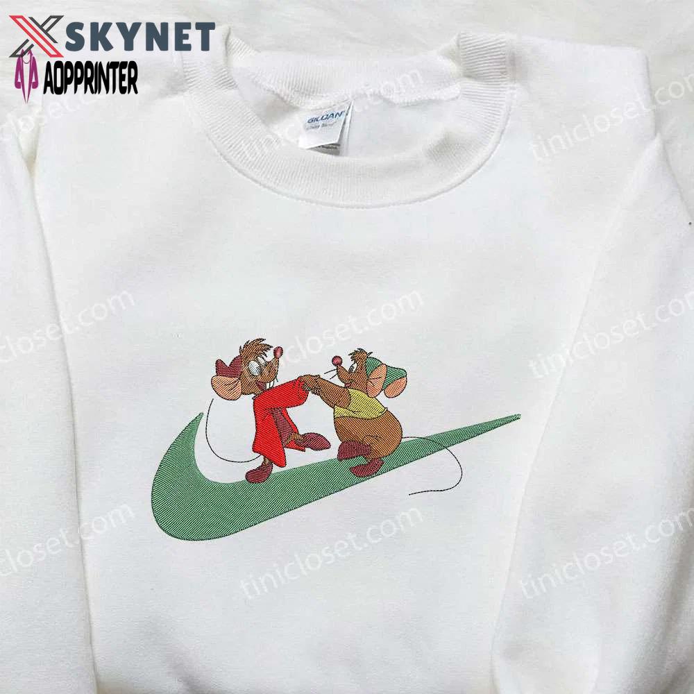 Cinderella jaq and gus x nike swoosh embroidered shirt – disney custom nike tee Embroidered Shirt