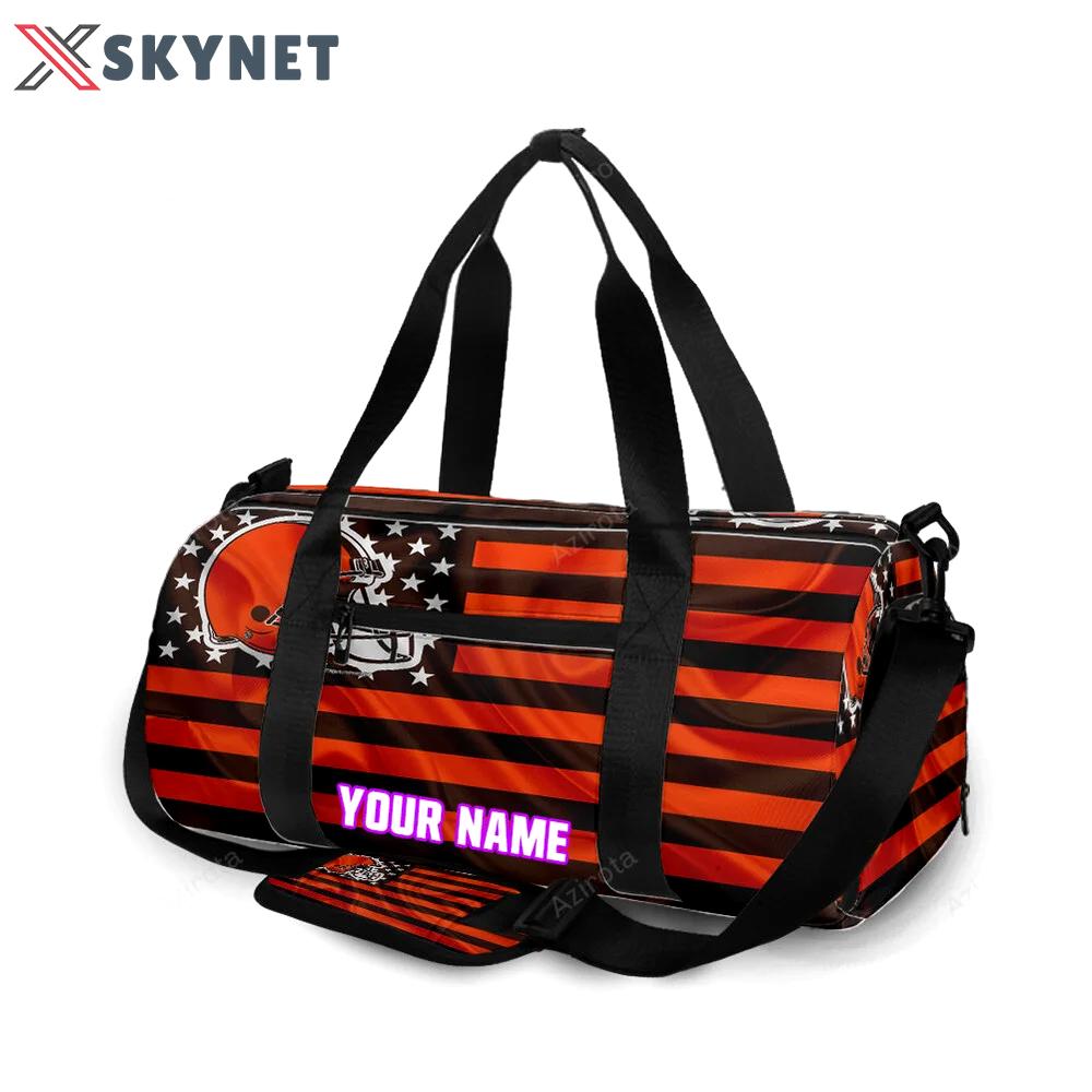 Cleveland browns logo with american flag personalized name travel bag gym bag 1886 Travel Bag