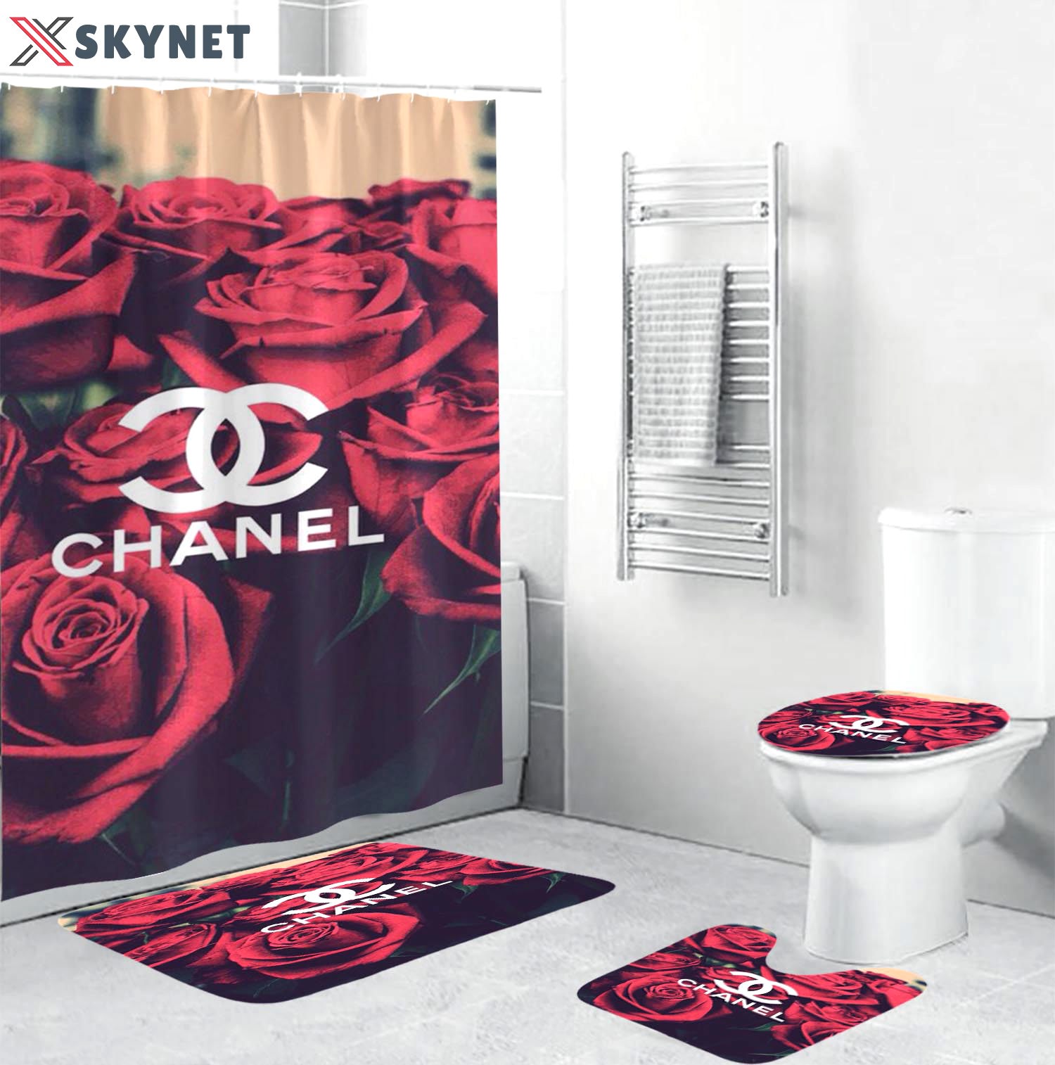 Coco chanel logo in red roses background bathroom set shower curtain Bathroom Set