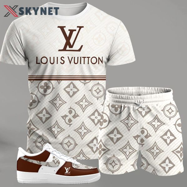 Cream monogram streetwear set for men, logo-print t-shirt and matching shorts with brown accent sneakers T-Shirt Short Sneakers Set