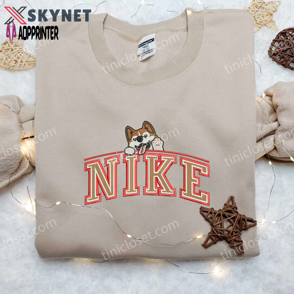 Custom corgi saying hi x nike embroidered shirt – animal embroidery for a unique look! Embroidered Shirt