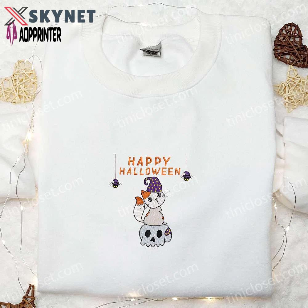 Cute happy halloween cat & skull embroidered shirt: best family gifts Embroidered Shirt