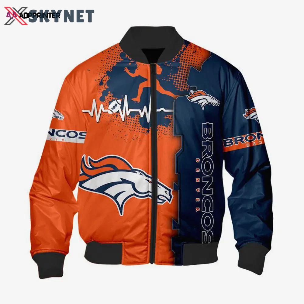 Denver broncos heart ecg line pattern bomber jacket – blue orange Bomber Jacket