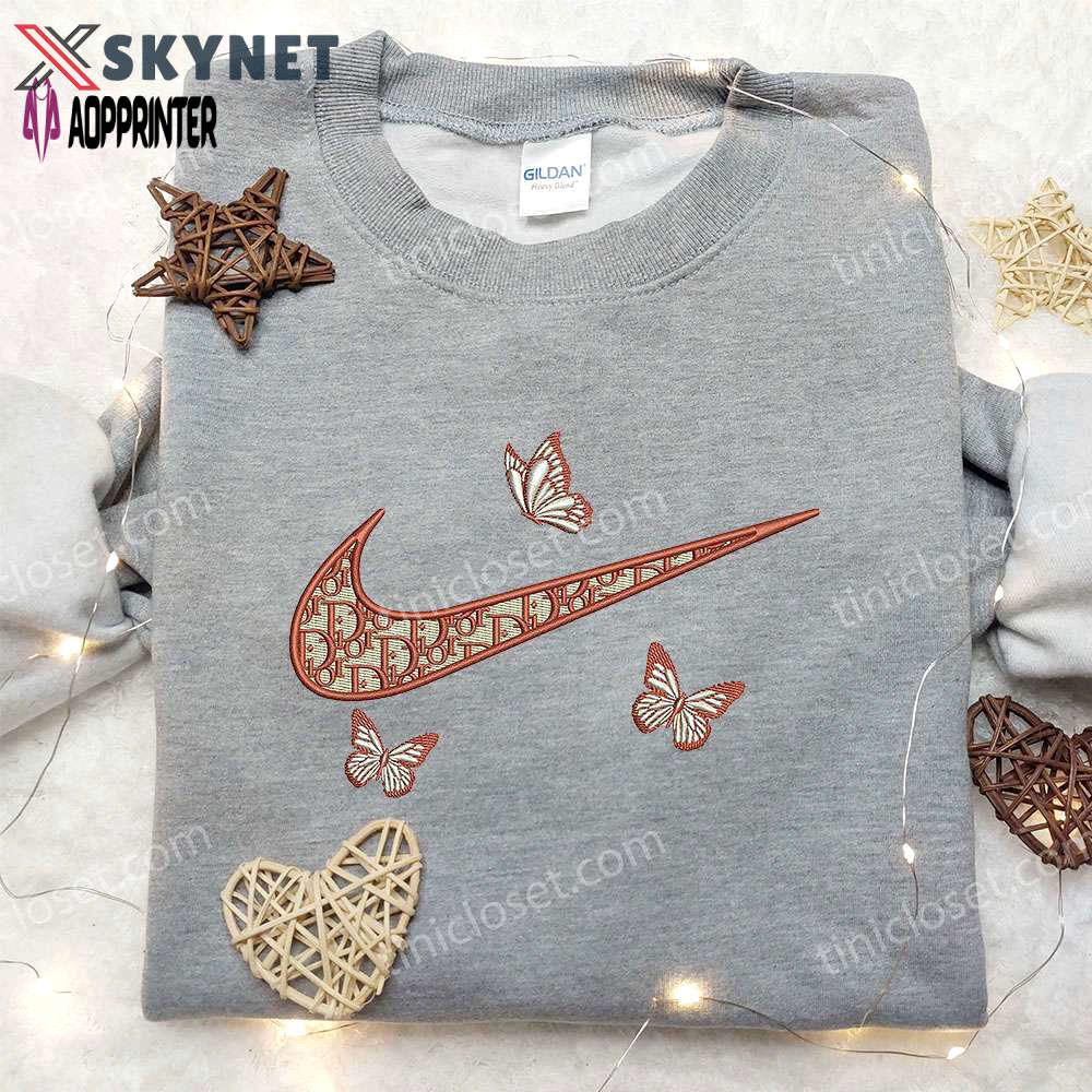 Dior orange butterfly x nike embroidered shirt: custom gift for husband stylish & unique nike shirt Embroidered Shirt