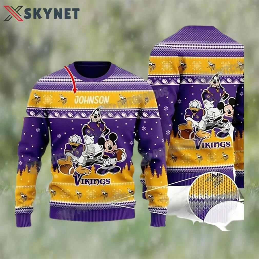 Disney donald duck mickey mouse goofy minnesota vikings personalized christmas ugly sweater Christmas Ugly Sweater