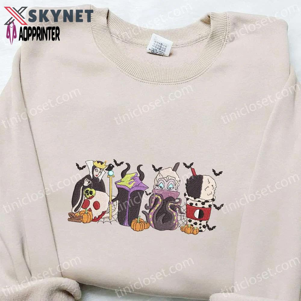 Disney villains fall coffee embroidered sweatshirt & hoodie: best halloween gift ideas Embroidered Shirt