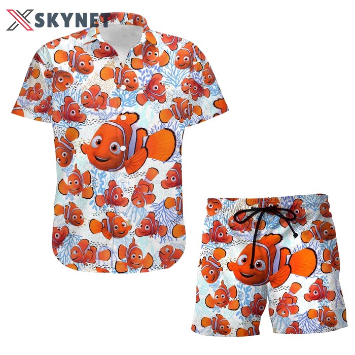Finding nemo fish summer tropical print disney hawaiian button down shirt shorts set unisex outfits Hawaii Shirt Shorts & Flip Flops
