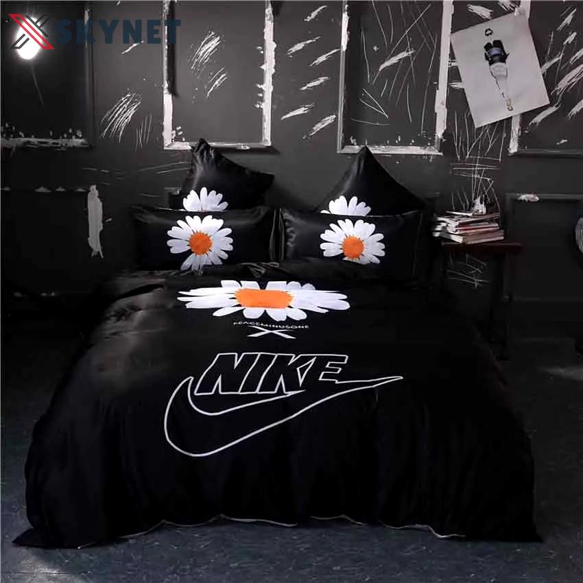 Flowers black nike bedding sets luxury brand bed sets, bedroom sets, comforter sets, duvet cover, bedspread for home décor trending 2023 for home Bedding Sets