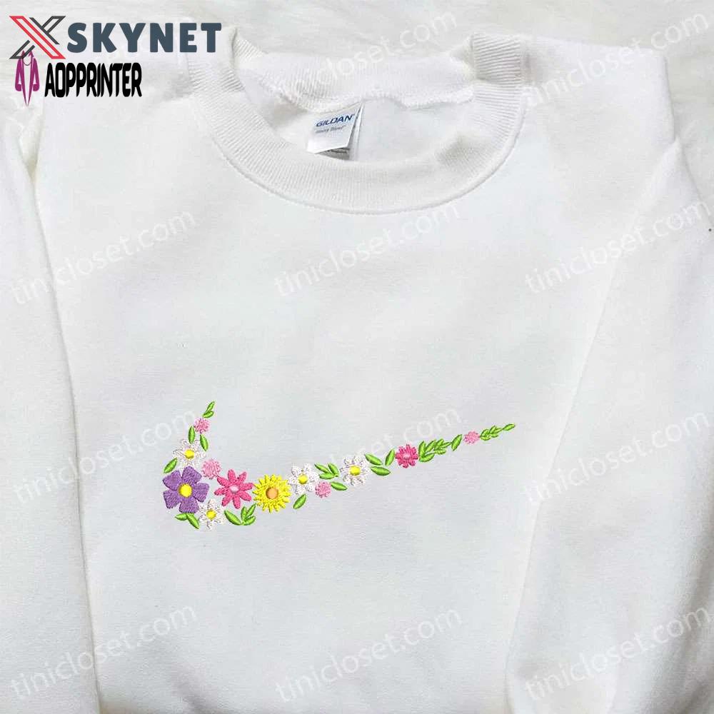 Flowers x nike swoosh embroidered shirt – nike inspired best gift for family Embroidered Shirt