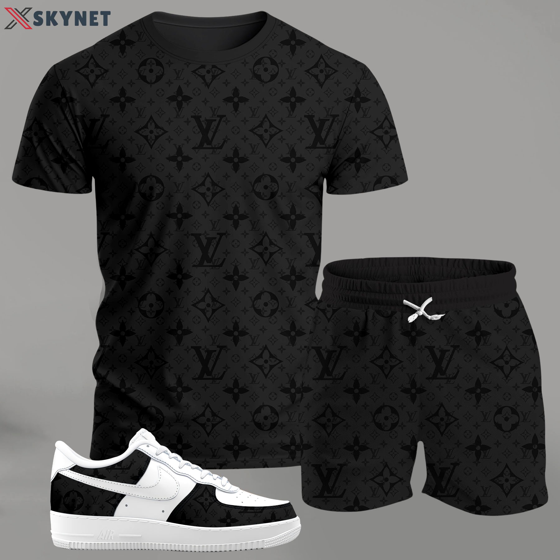 For the girls who love all-black minimal vibes, monogram graphic tee outfit t-shirt – dark tonal pattern | clean girl aesthetic outfit ideas T-Shirt Short Sneakers Set
