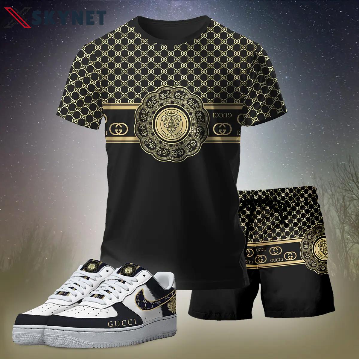 For the girls who love bold luxe black fits, minimal gold graphic tee outfit t-shirt – black monogram print | clean girl aesthetic outfit ideas T-Shirt Short Sneakers Set