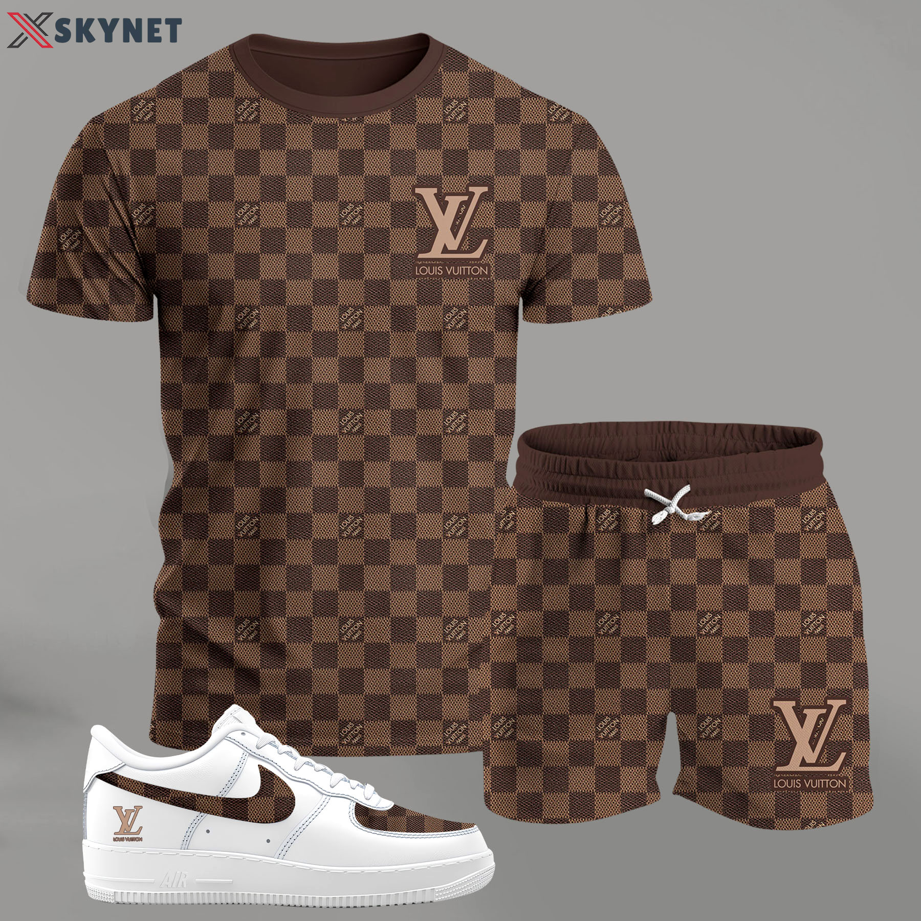 For the girls who love classic check patterns, brown all-over check outfit t-shirt set | minimal aesthetic everyday wear T-Shirt Short Sneakers Set