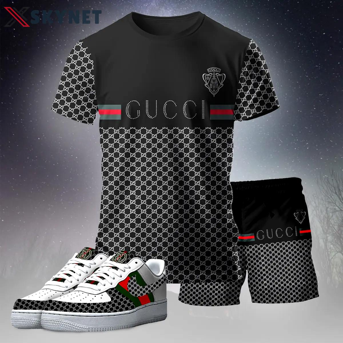 For the girls who love dark luxury streetwear, gucci graphic tee set – black casual everyday outfit with minimal edge T-Shirt Short Sneakers Set