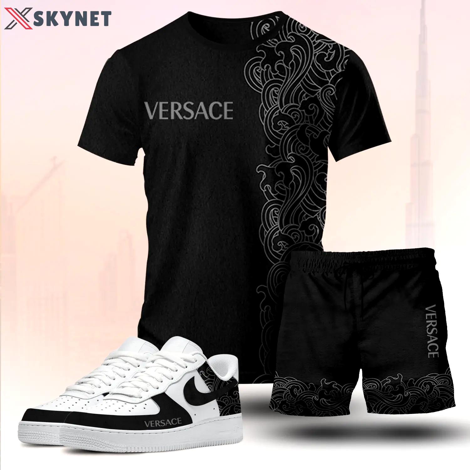 For the girls who love dark minimal streetwear, versace graphic tee set – black casual everyday outfit with luxury vibes T-Shirt Short Sneakers Set
