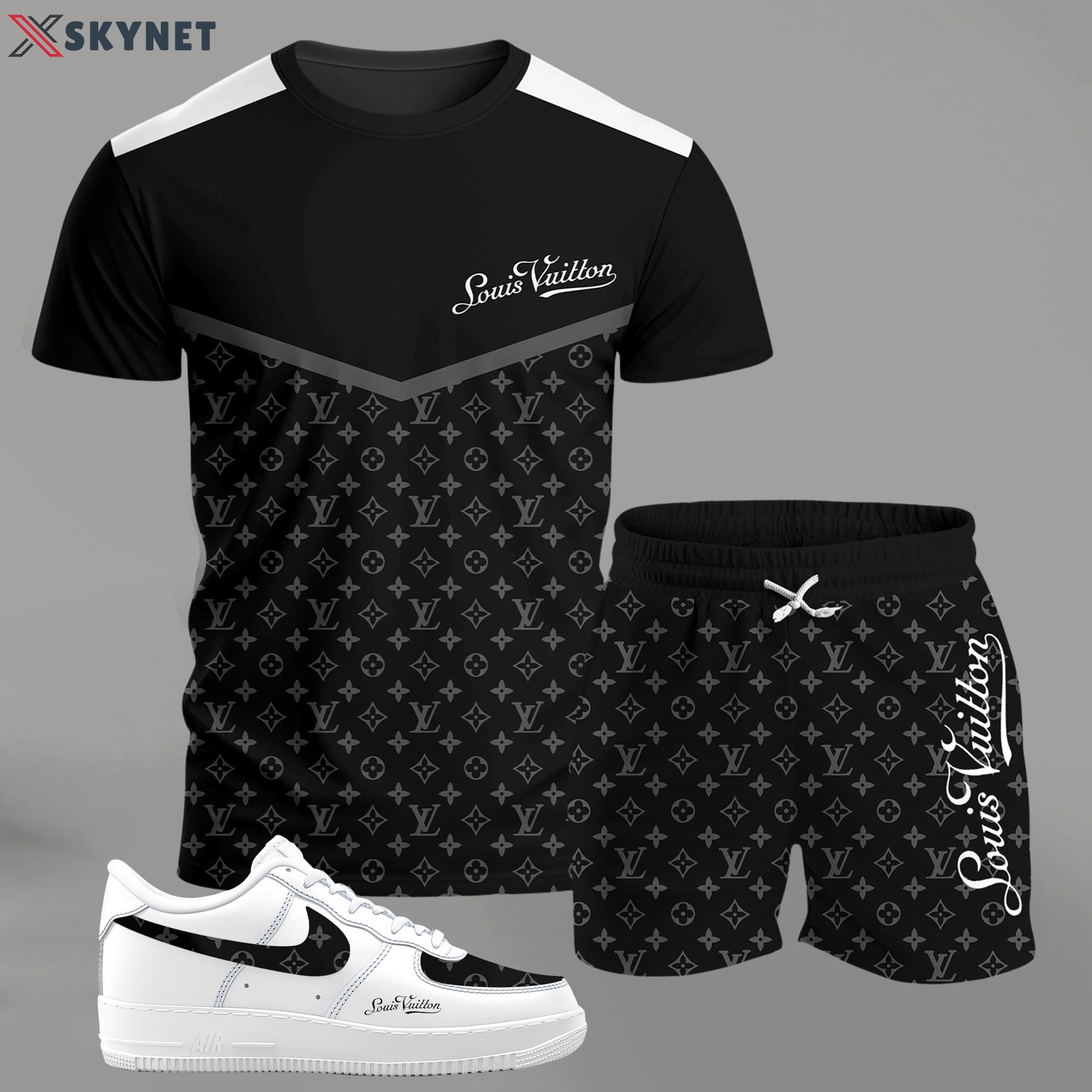 For the girls who love monochrome street style, black panel monogram outfit t-shirt set | minimal aesthetic everyday wear T-Shirt Short Sneakers Set