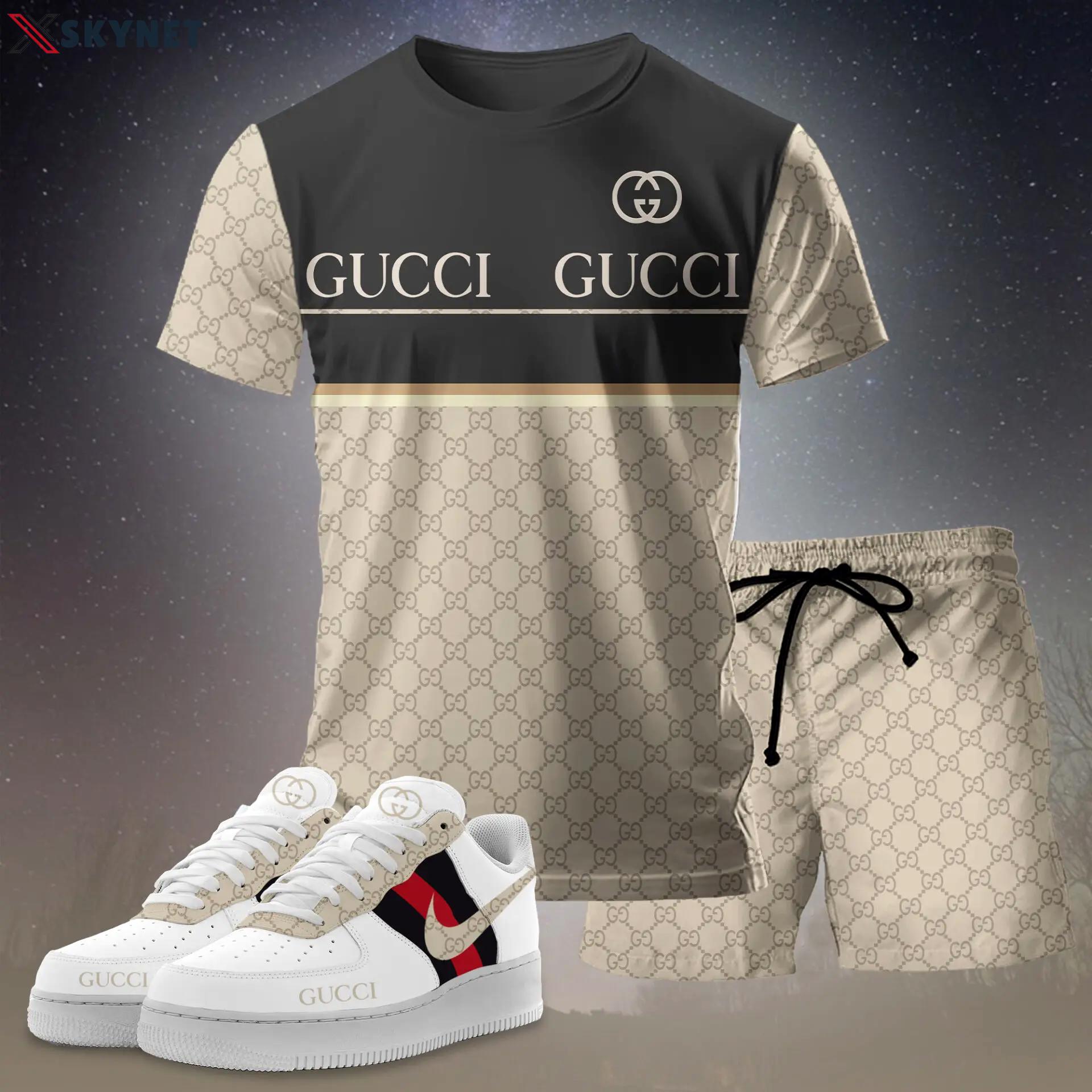 For the girls who love neutral contrast styling, minimal logo stripe tee outfit t-shirt – beige monogram and black panel | casual everyday outfit aesthetic ideas T-Shirt Short Sneakers Set