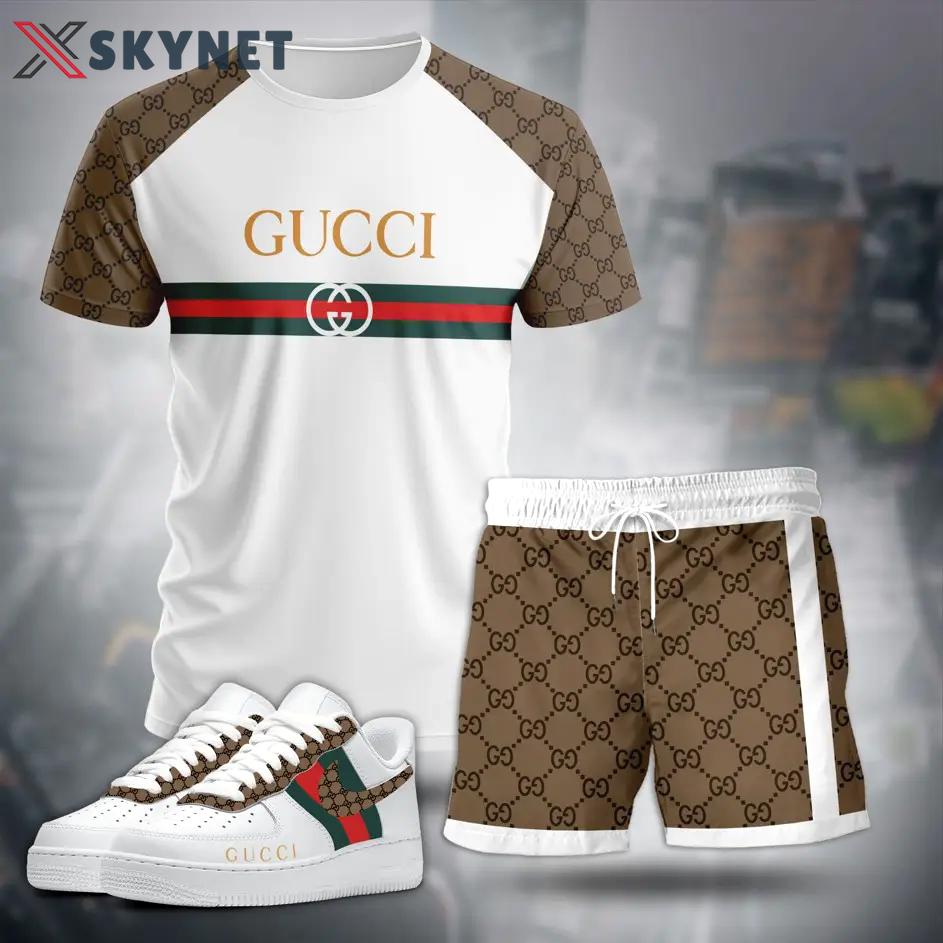 For the girls who love neutral sporty balance, minimal logo stripe tee outfit t-shirt – white with beige monogram sleeves | casual everyday outfit aesthetic ideas T-Shirt Short Sneakers Set