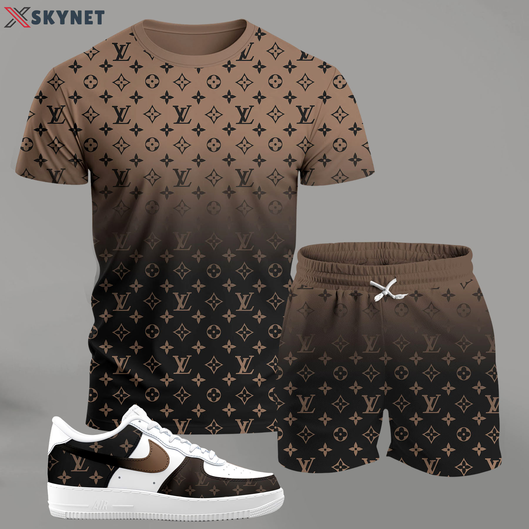 For the girls who love neutral tones, brown gradient monogram outfit t-shirt set | minimal aesthetic everyday wear T-Shirt Short Sneakers Set