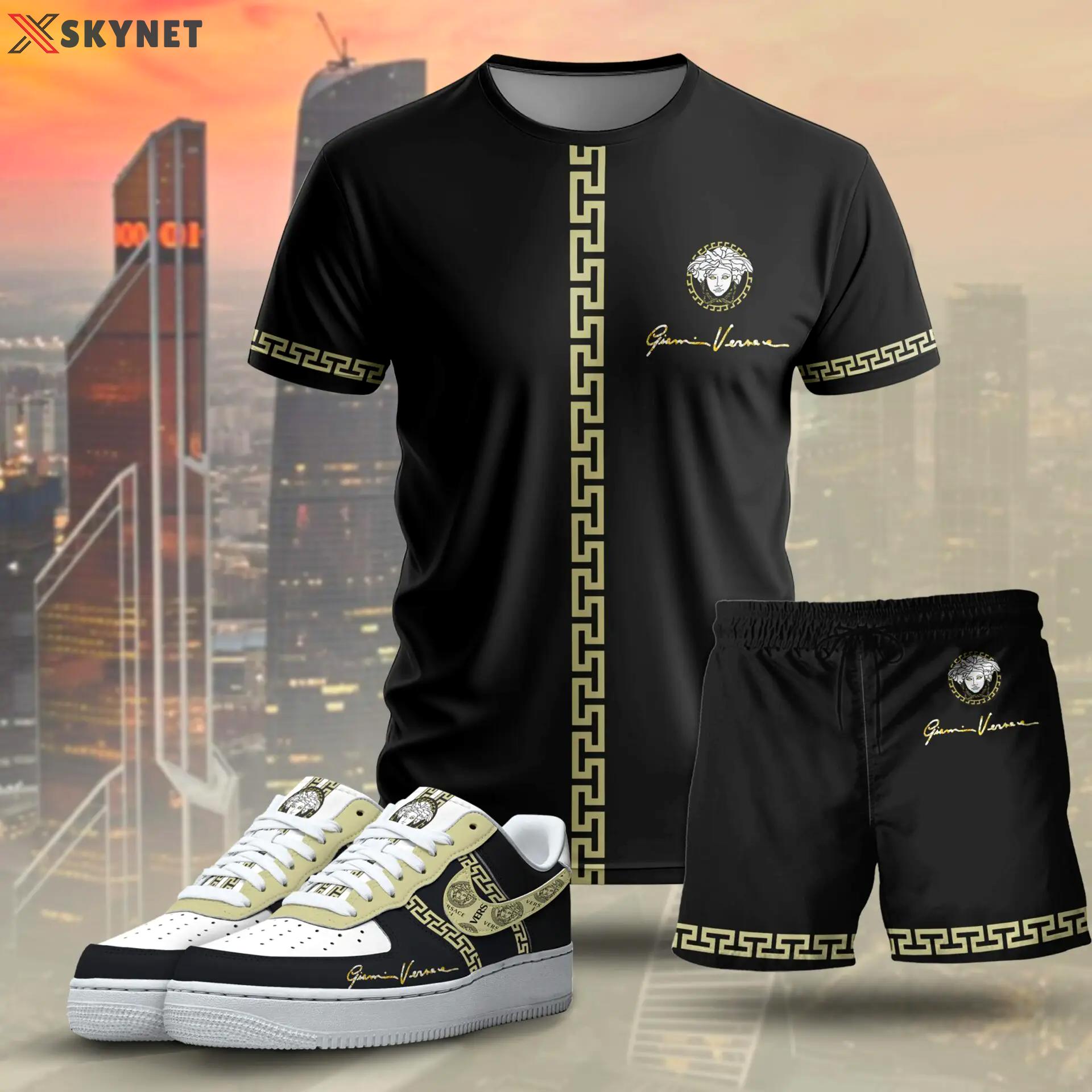 For the girls who love quiet luxury streetwear, versace graphic tee set – black gold minimal casual everyday outfit T-Shirt Short Sneakers Set