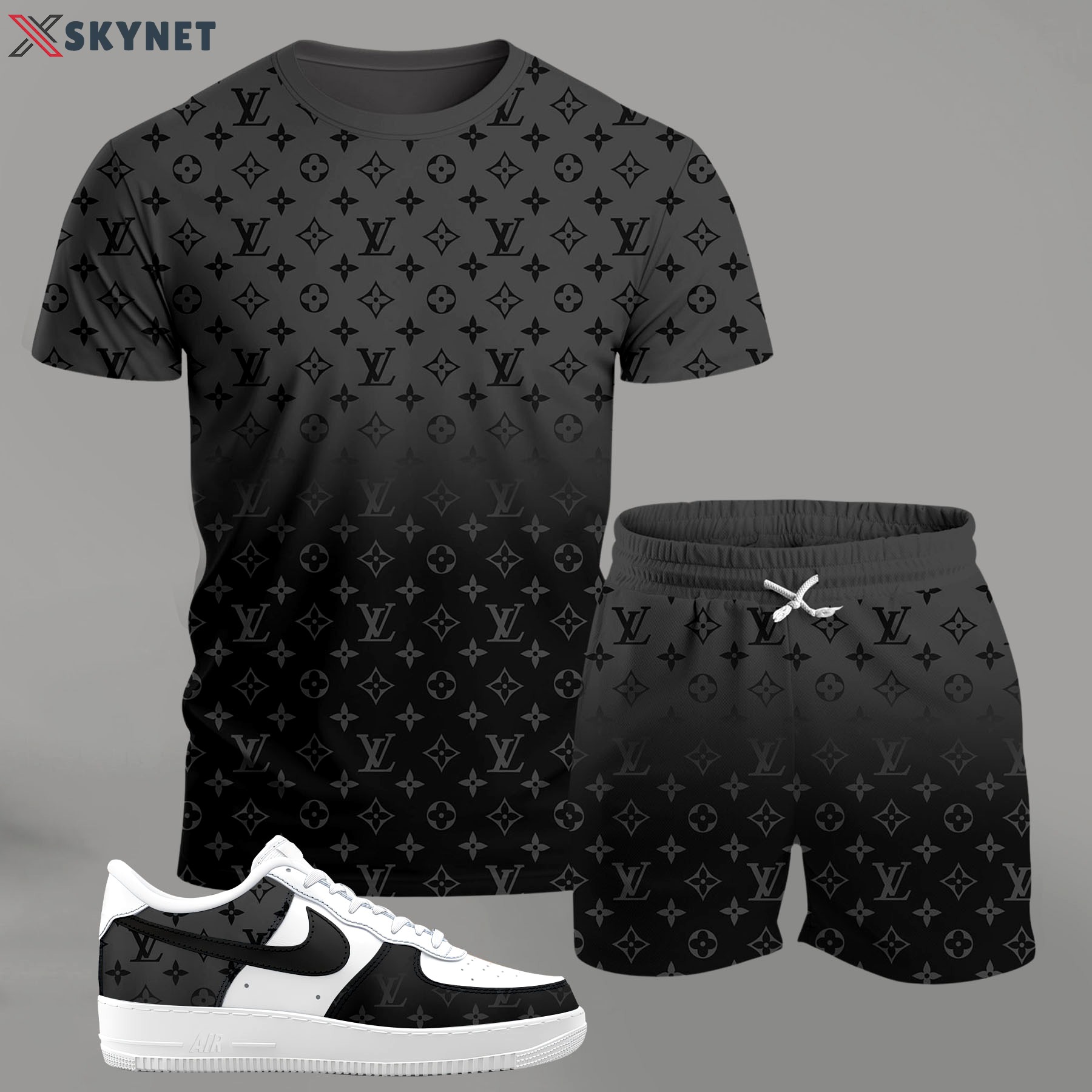 For the girls who love sleek monochrome streetwear, all-over pattern black gradient outfit t-shirt set | minimal aesthetic everyday wear T-Shirt Short Sneakers Set