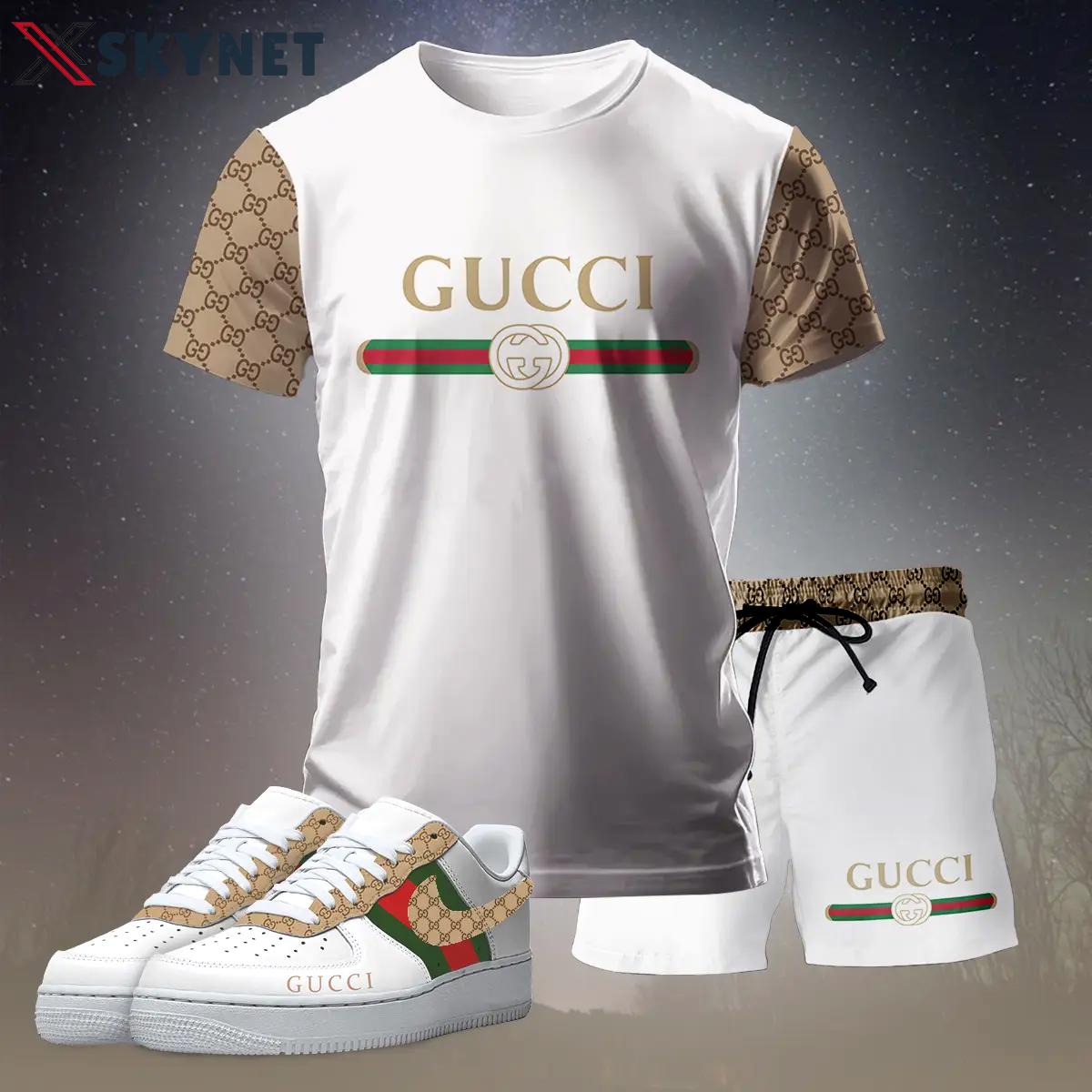 For the girls who love soft luxury style, gucci graphic tee set – white minimal casual everyday outfit ideas T-Shirt Short Sneakers Set