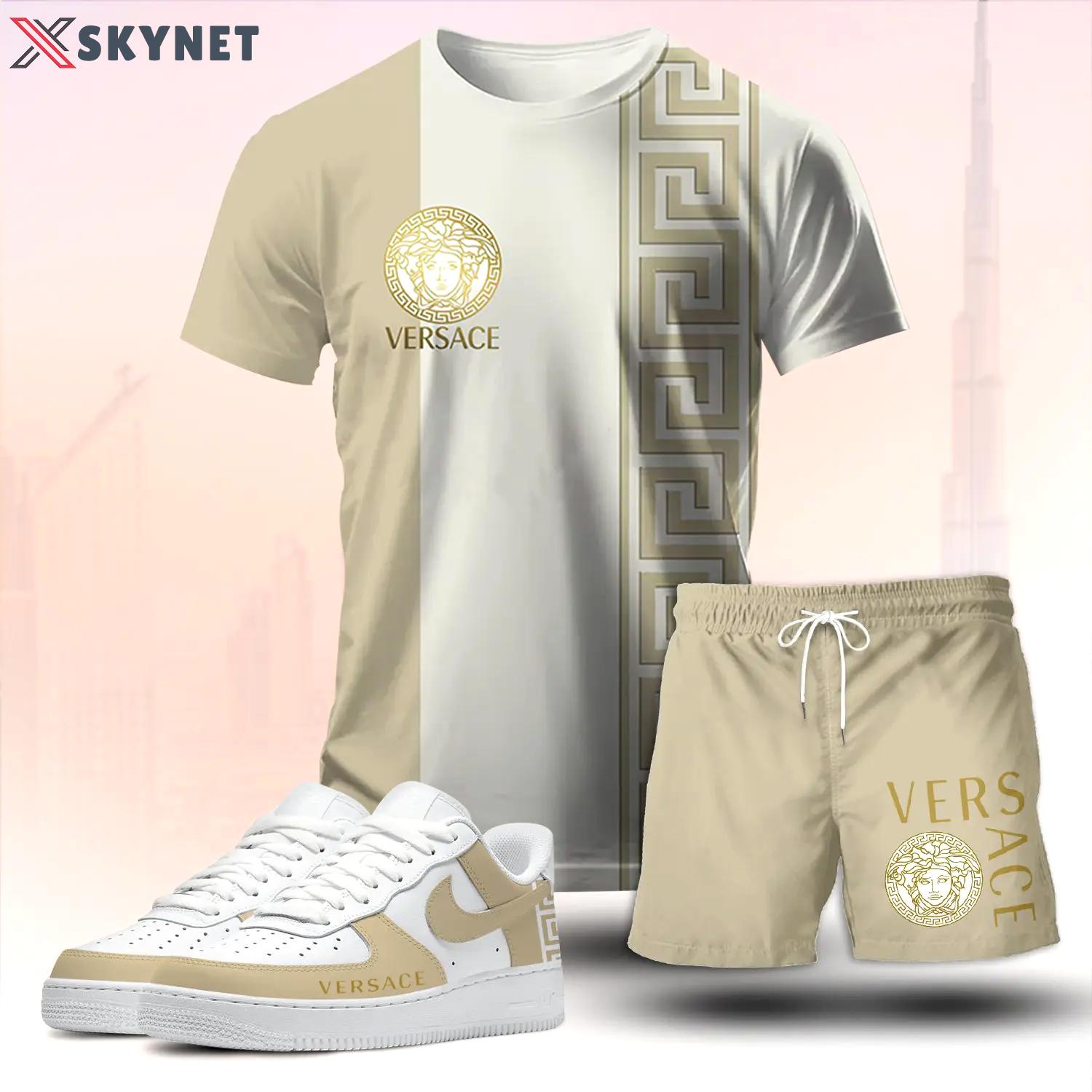For the girls who love soft neutral luxury vibes, minimal graphic tee outfit t-shirt – beige split tone logo print | clean girl aesthetic outfit ideas T-Shirt Short Sneakers Set