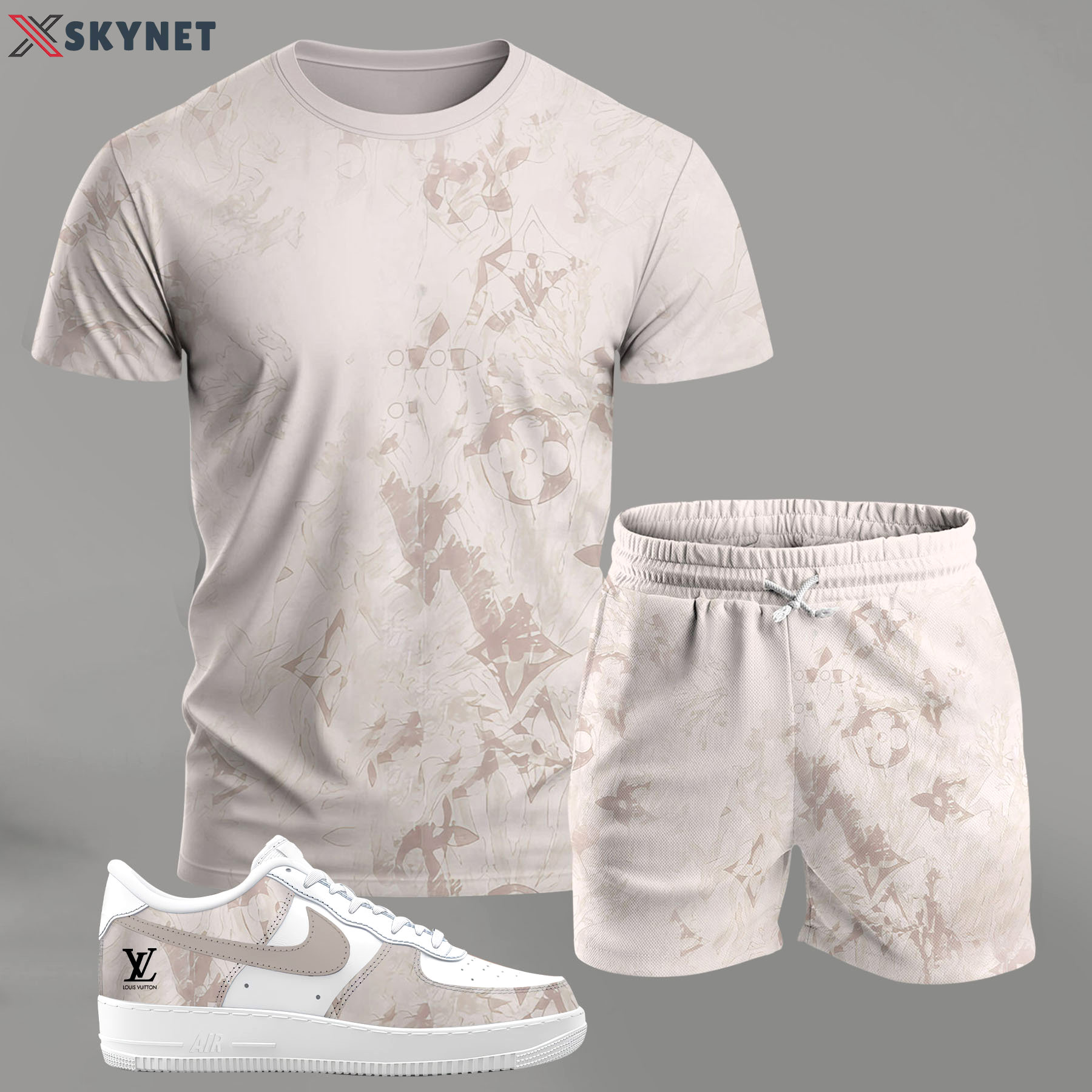 For the girls who love soft neutral tones, beige abstract pattern outfit t-shirt set | minimal aesthetic everyday wear T-Shirt Short Sneakers Set