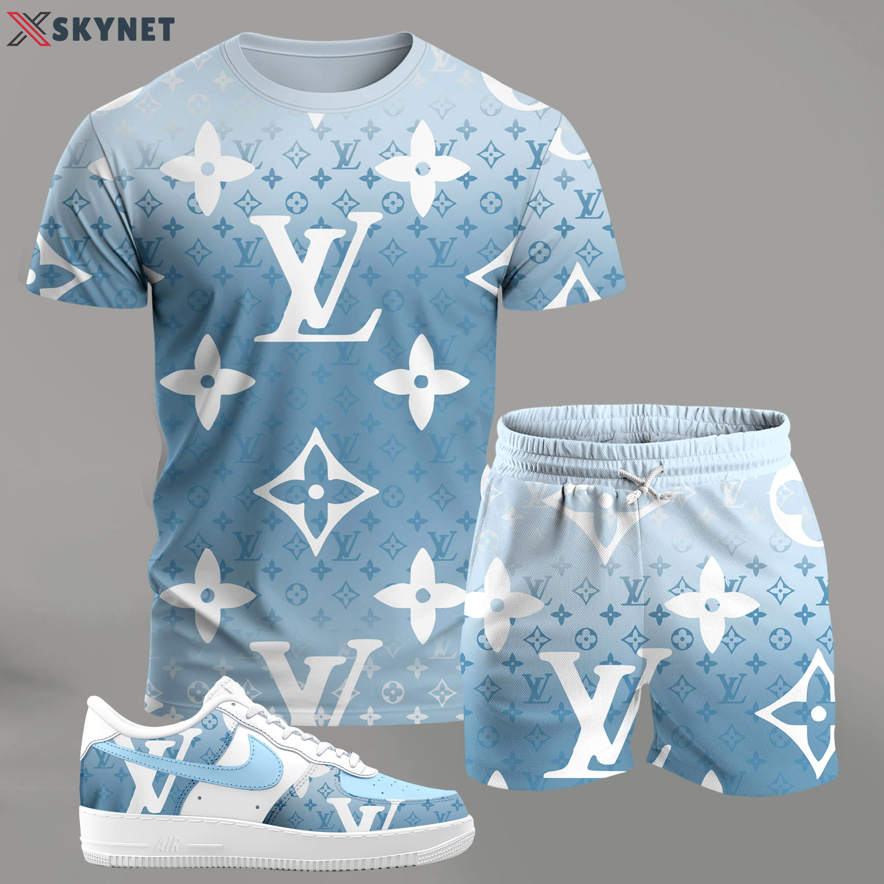 For the girls who love soft pastel streetwear, blue monogram pattern outfit t-shirt set | minimal aesthetic everyday wear T-Shirt Short Sneakers Set