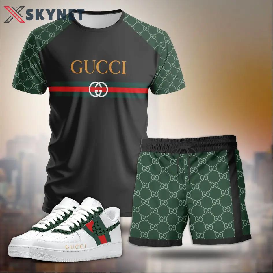 For the girls who love sporty luxe contrast, minimal logo stripe tee outfit t-shirt – black and green monogram print | casual everyday outfit aesthetic ideas T-Shirt Short Sneakers Set