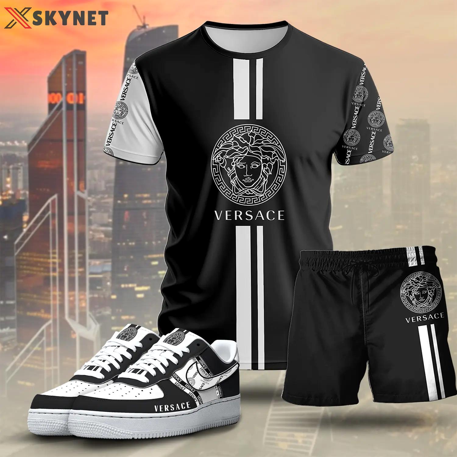 For the girls who love sporty luxury streetwear, versace graphic tee set – black minimal casual everyday outfit ideas T-Shirt Short Sneakers Set