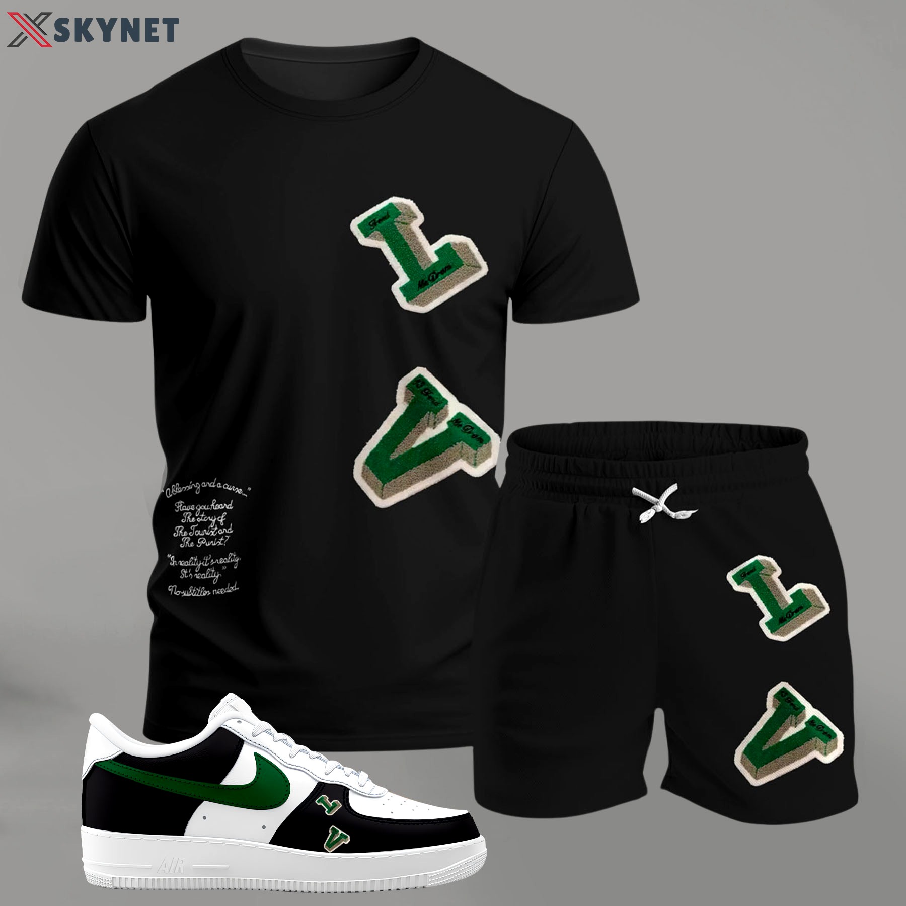 For the girls who love sporty minimal edge, graphic letter patch tee outfit t-shirt – black with green accents | casual everyday outfit aesthetic ideas T-Shirt Short Sneakers Set