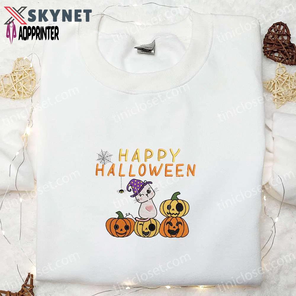 Funny happy halloween cute cat embroidered shirt – best halloween gift and clothing ideas Embroidered Shirt