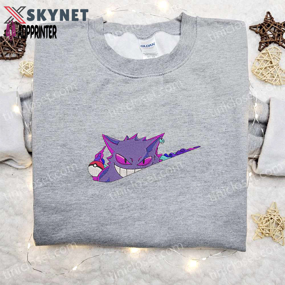 Gengar x nike swoosh anime embroidered shirt – pokemon & nike inspired design Embroidered Shirt