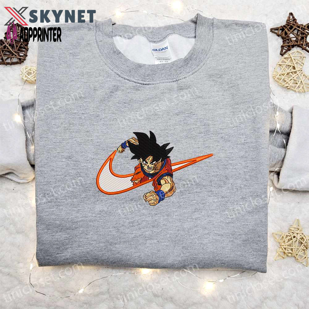 Goku anime x swoosh embroidered sweatshirt: dragon ball shirt best family birthday gift ideas Embroidered Shirt