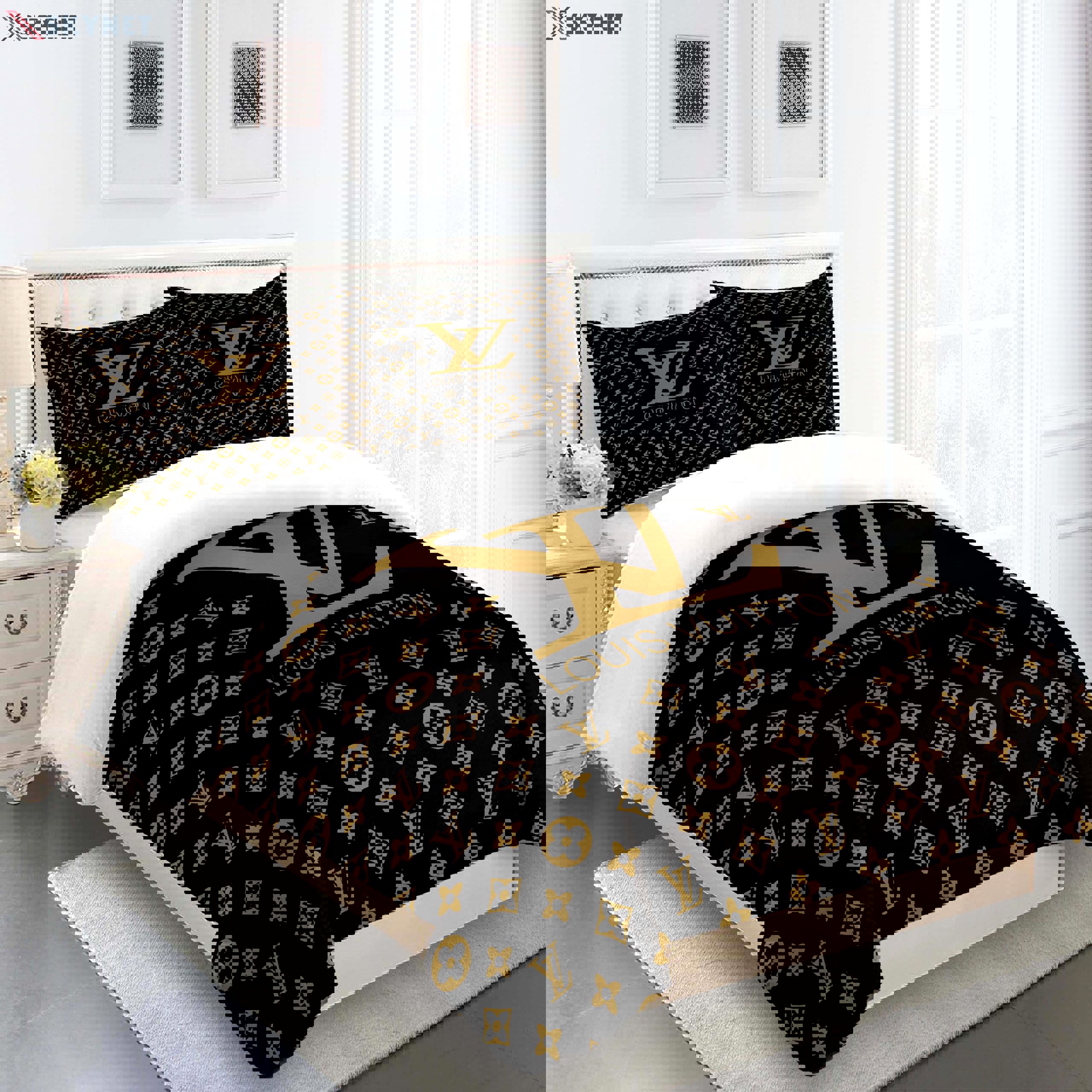 Golden brown louis vuitton logo type 2317 Bedding Sets bedclothes hyperbeast Bedroom luxury ideas blankets home decor bedspread covers bed linen premium fashion brand duvet sheets