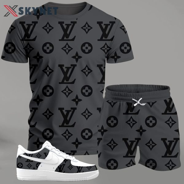Grey monogram streetwear set for men, all-over pattern t-shirt and shorts combo with contrast sneakers T-Shirt Short Sneakers Set