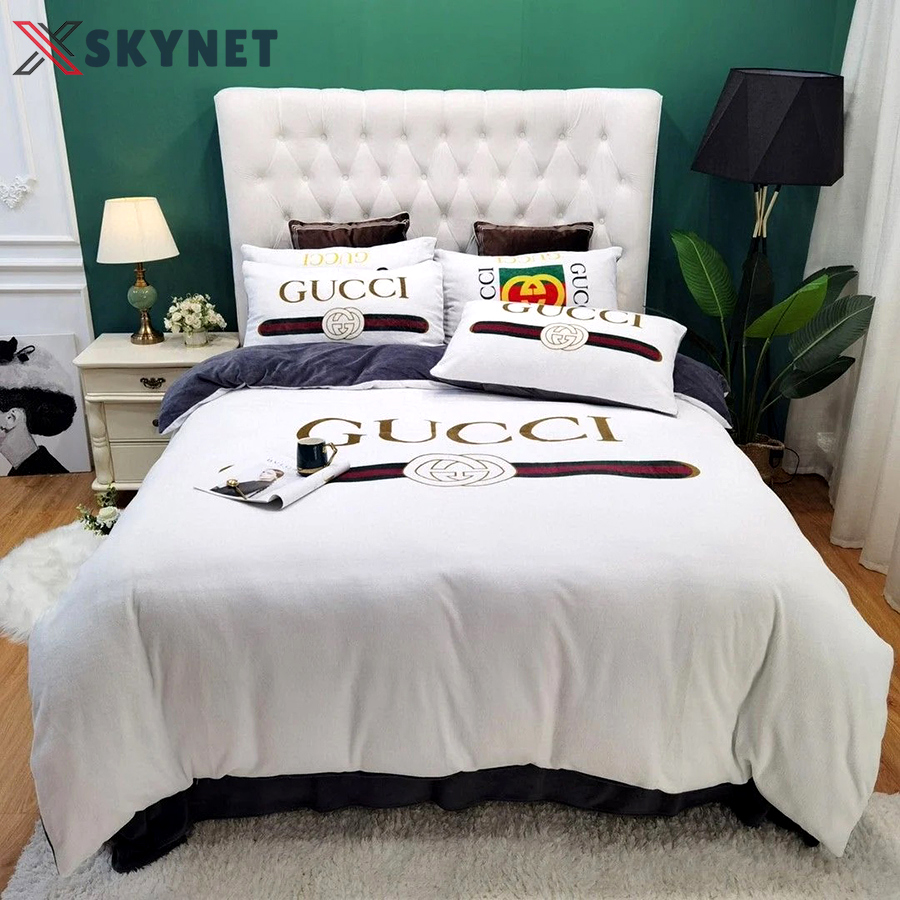 Gucci amazing white fashion logo luxury brand bedding sets, bedroom decor , thanksgiving decorations for home Bedding Sets