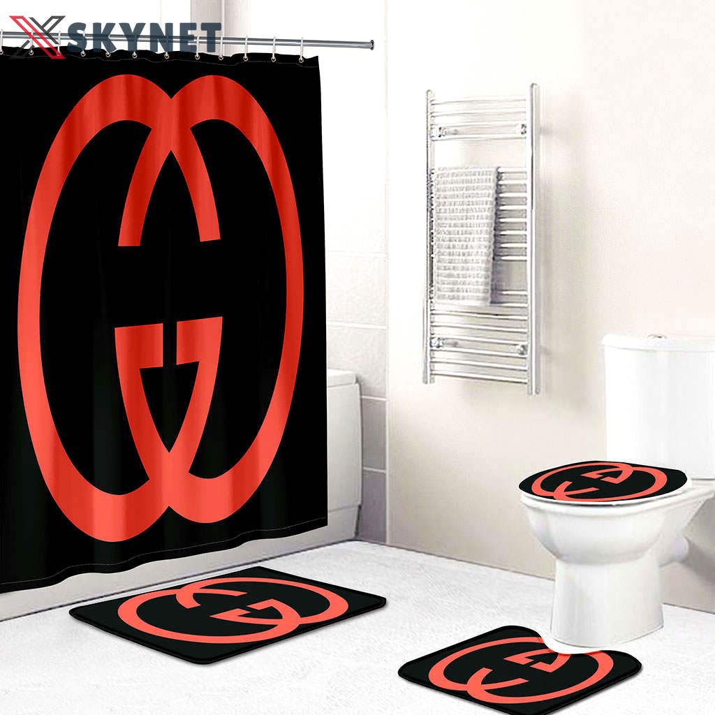 Gucci bath mat sets black red logo full bath mat sets shower curtain 131 Bathroom Set