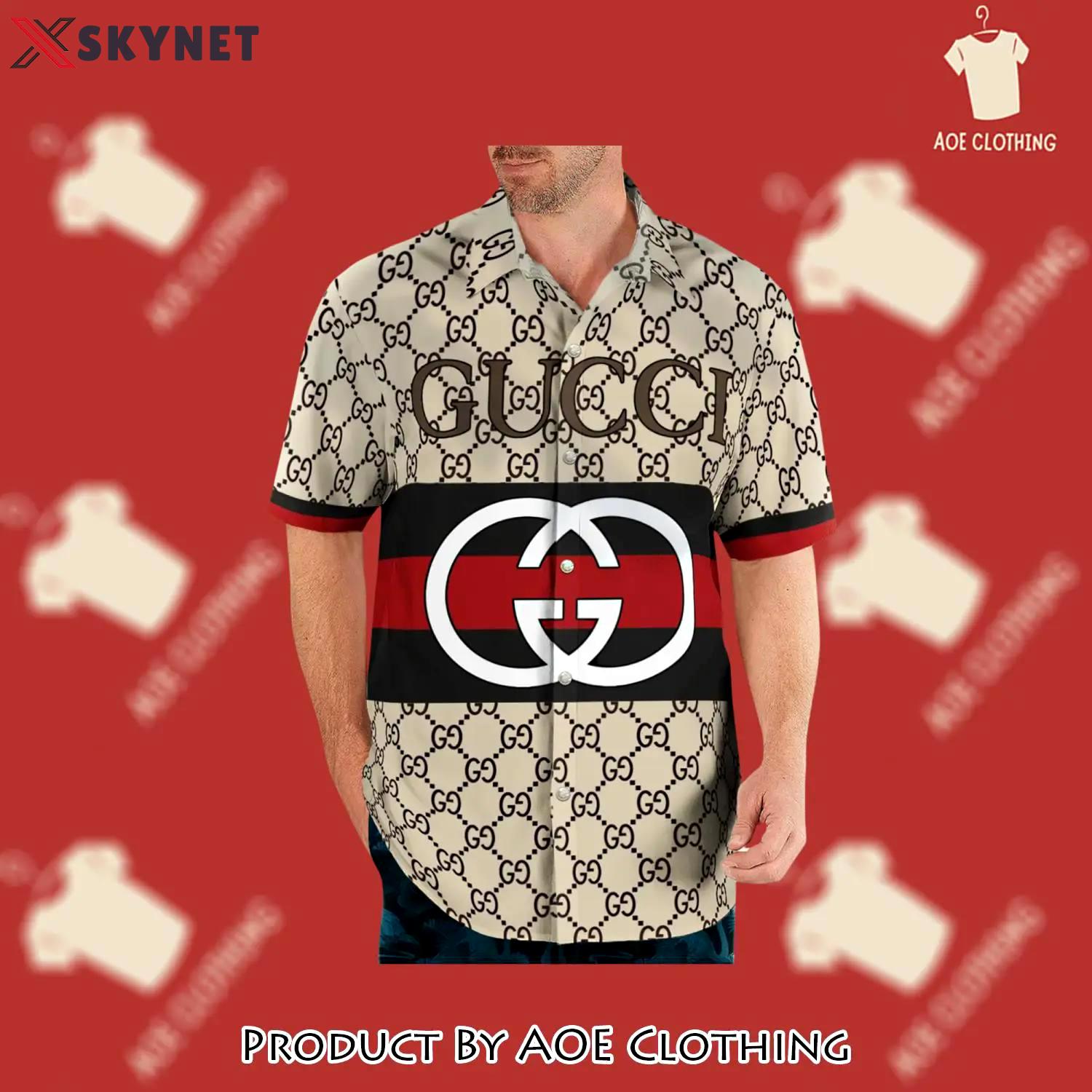 Gucci beige luxury brand premium fashion hawaii shirt for men - aoe-hs-284815 Hawaii Shirt Shorts & Flip Flops