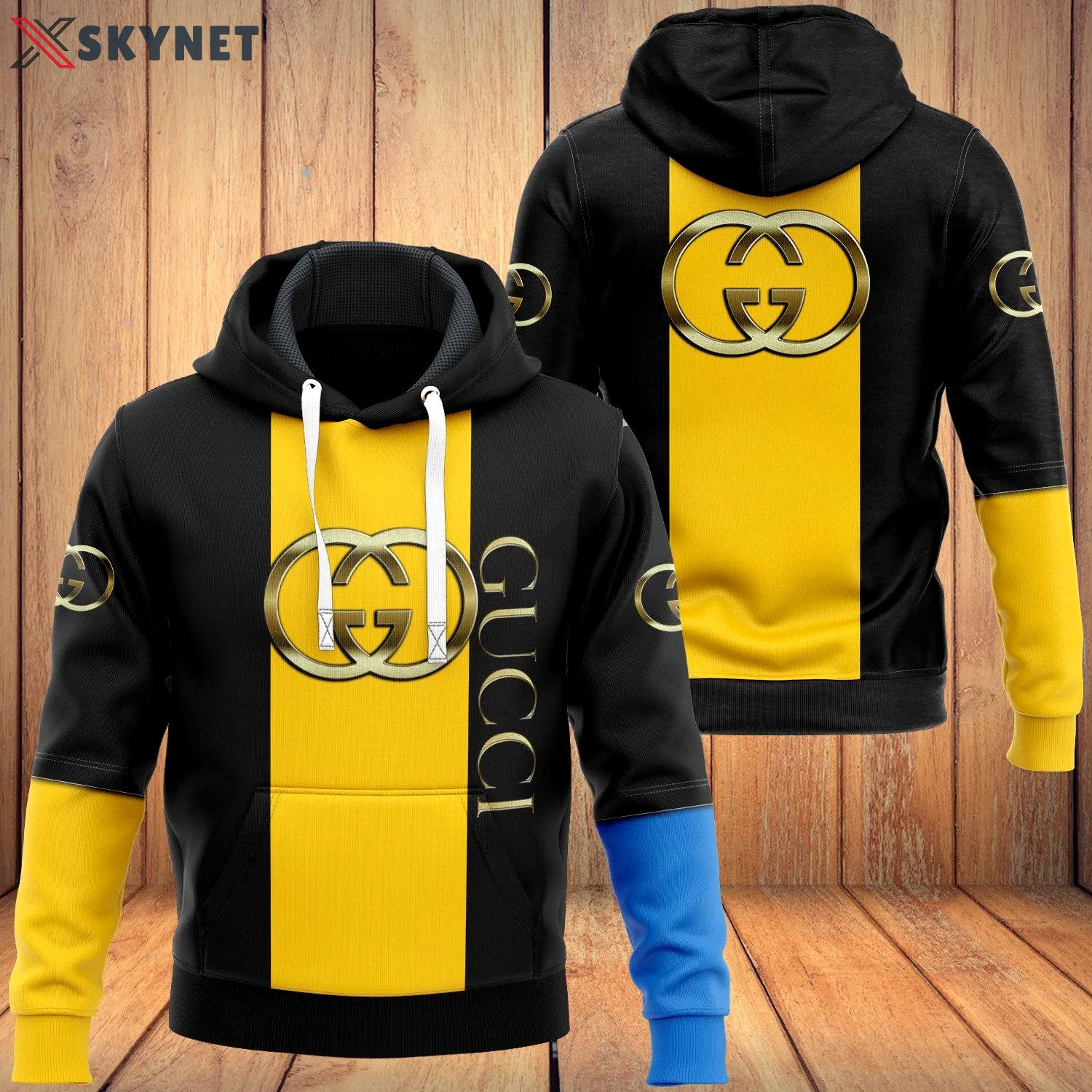 Gucci black yellow hoodie luxury brand clothing clothes outfit for men Hoodie 3D