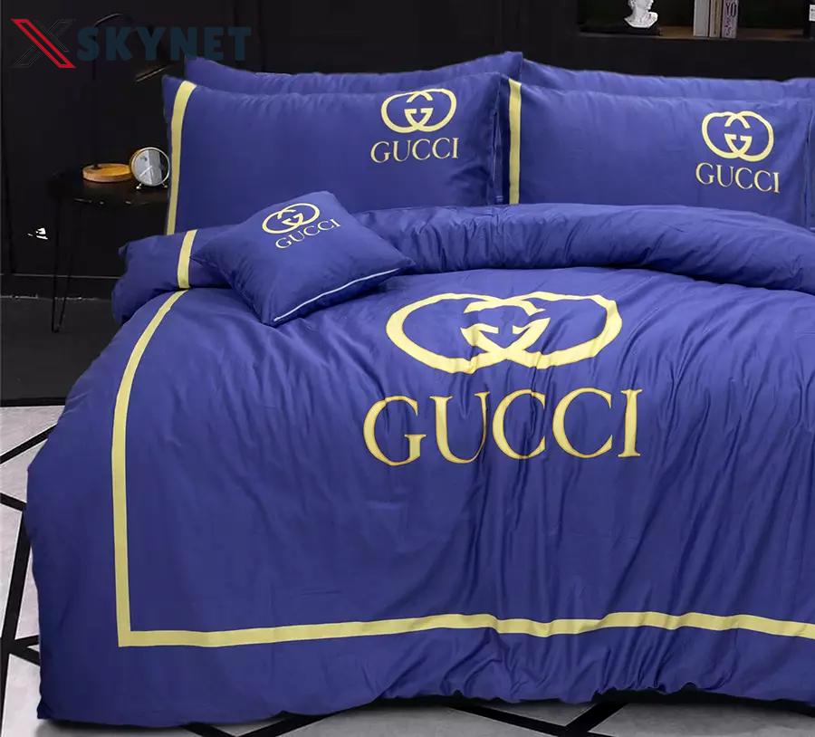 Gucci blue fashion logo luxury brand bedding sets, bedroom decor , thanksgiving decorations for home Bedding Sets