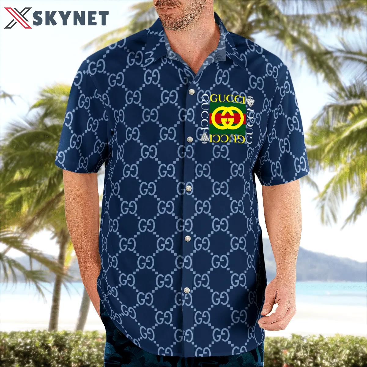 Gucci blue luxury brand premium fashion hawaii shirt for men 19 Hawaii Shirt