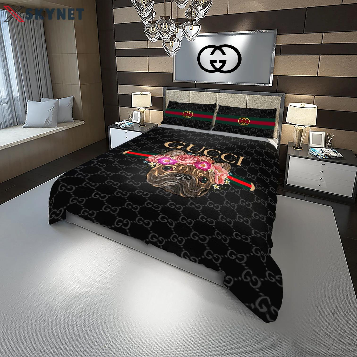 Gucci doggy and flowers fashion logo luxury brand premium bedding sets,bed sets, bedroom sets, comforter sets, duvet cover, bedspread Bedding Sets