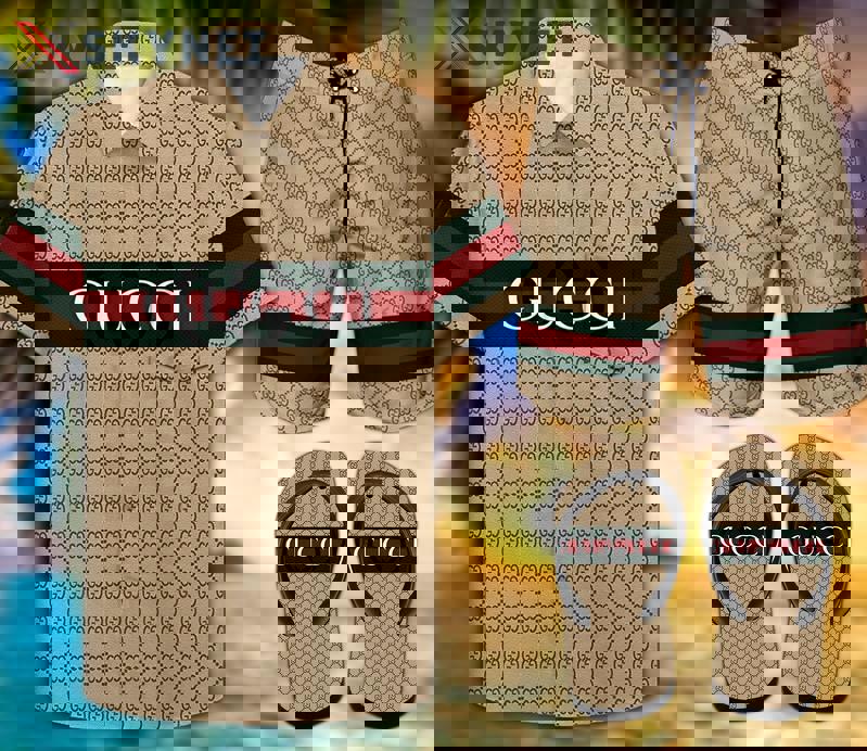 Gucci flip flops and combo hawaii shirt shorts luxury brand summer outfit Hawaii Shirt Shorts & Flip Flops