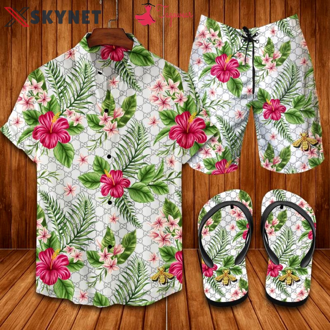 Gucci flip flops and combo hawaiian shirt, beach shorts luxury summer clothes style #281 Hawaii Shirt Shorts & Flip Flops