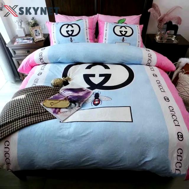 Gucci light blue pink luxury brand bedding sets bedspread duvet cover set, bedroom decor , thanksgiving decorations for home best luxury bed sets gift thankgivings and christmas Bedding Sets