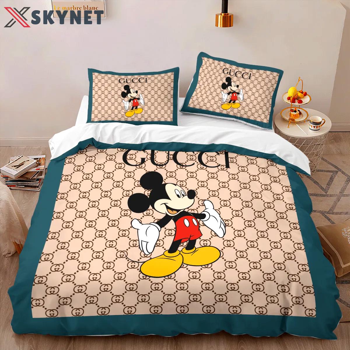 Gucci mickey fashion logo premium luxury brand high-end bedding sets lv, bedroom decor , thanksgiving decorations for home best luxury bed sets gift thankgivings and christmas Bedding Sets