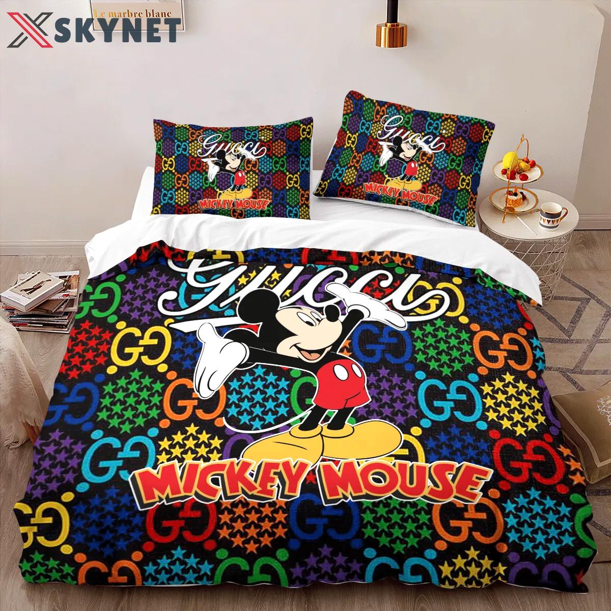 Gucci mickey mouse new fashion logo premium luxury brand high-end bedding sets lv, bedroom decor , thanksgiving decorations for home best luxury bed sets gift thankgivings and christmas Bedding Sets