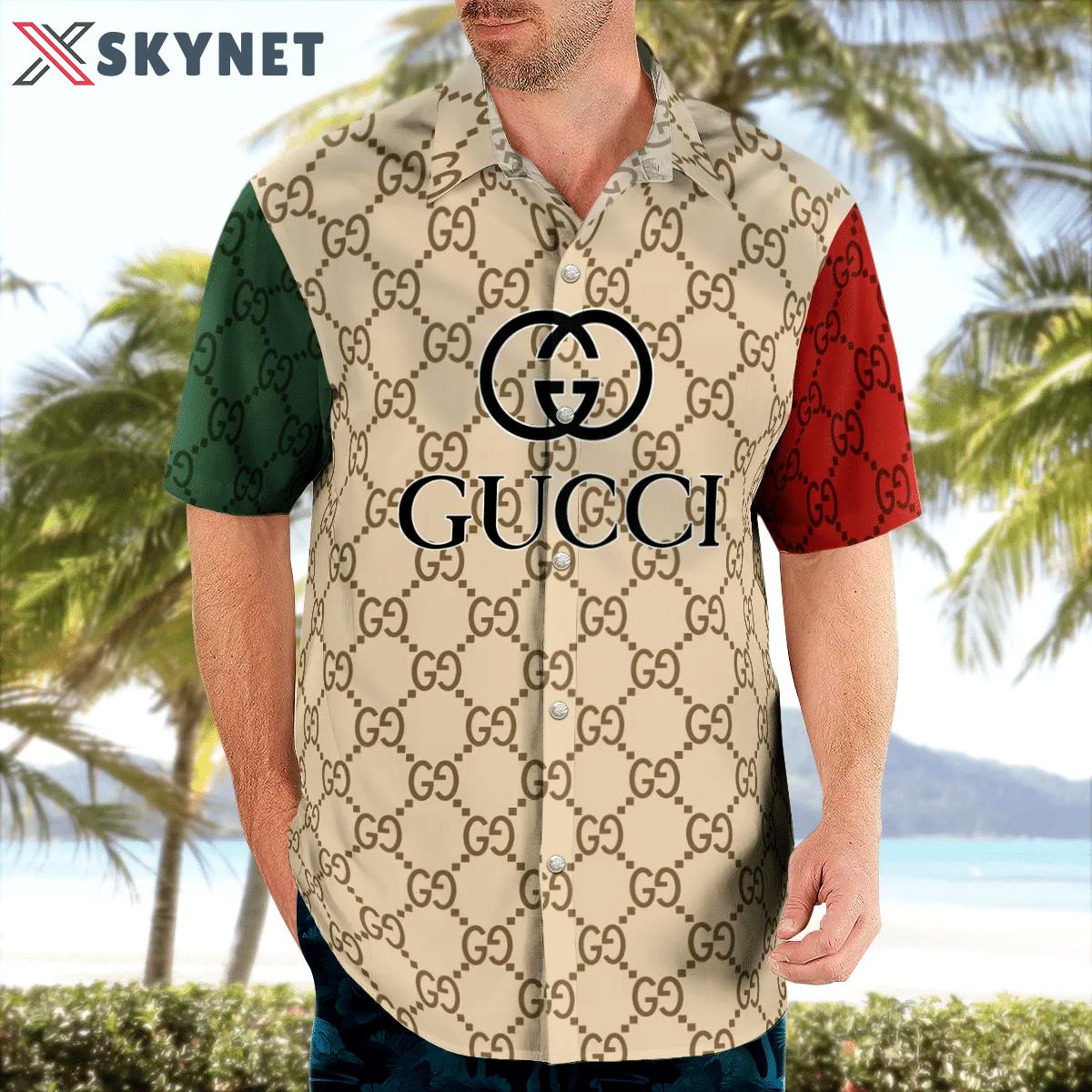 Gucci red green cream luxury brand premium fashion hawaii shirt for men 30 Hawaii Shirt